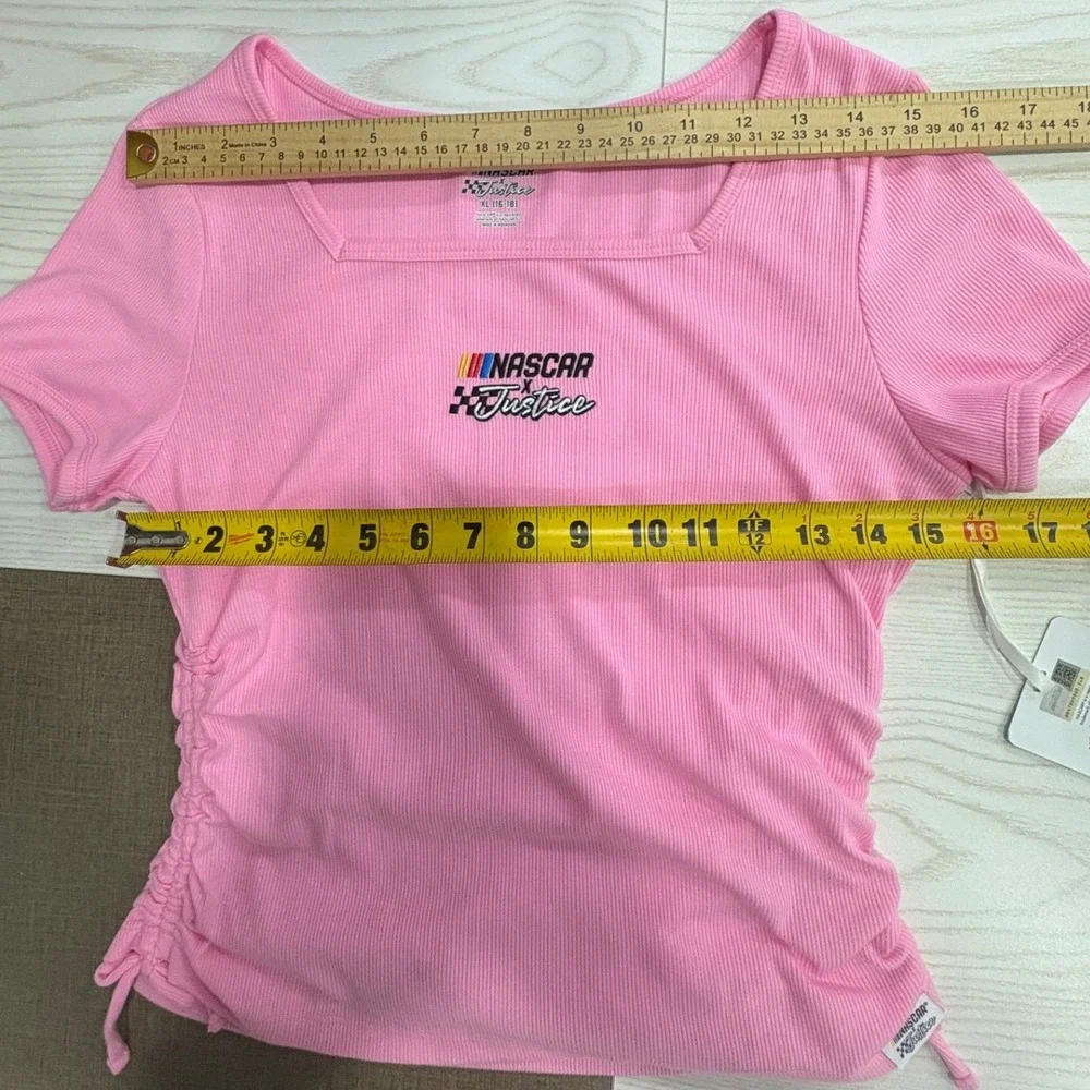 Justice NASCAR Top Girls XL 16-18 Pink Ribbed Cinched Side Square Neck NEW